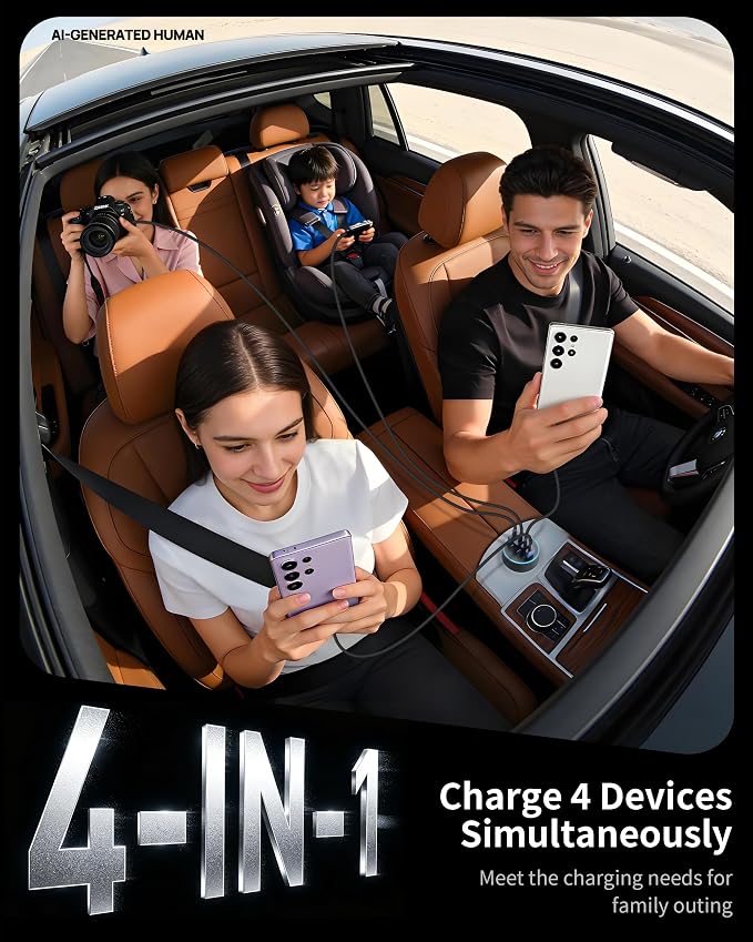 2 Pack USB C Car Charger, 90W 4-Port Cigarette Lighter USB Charger Multiport Type C Super Fast Car Phone Adapter Accessories for iPhone 17 16 15 14 13 12 Pro Max, iPad, Galaxy S26 S25 S24, Android