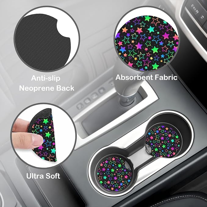 Colorful Stars Steering Wheel Cover for Women, Anti-Slip Car Steering Wheel Cover with 2 Pcs Cup Holders Neoprene Breathable Car Accessories Universal 15 Inch Auto Interior Decor
