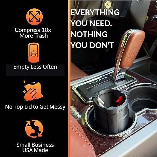 Car Trash Can Cup Holder | Mini Car Trash Can | Fits in Most Doors | 5.1" x 2.9" | Traps More & Empties Less, Patent-Pending Compaction, 250th Anniversary Edition, Black/Red-White-Blue