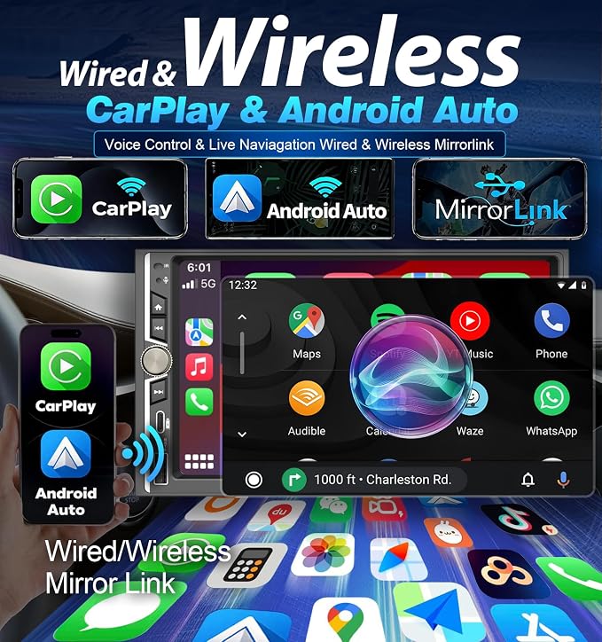 Double Din Car Stereo with Wireless Apple CarPlay Android Auto Audio Radio | 7" Screen, FM/AM Radio, 4.2 Channel 240W 16-Band EQ DSP, Subwoofer, Bluetooth, Backup Camera, Fast Charging, SWC, MirrorLink