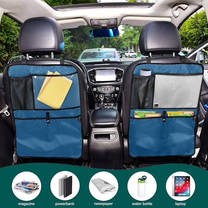 Marine Blue Seat Back Organizer Car Backseat Protective Kick Mat with Mesh Pockets, Kick Mats Back Seat Protector for Suv