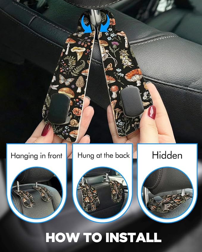 Purse Holder for Car, 2 Pack Heavy Duty Purse Hanger for Car, PU Leather Car Seat Hooks for Purses and Bags, Cute Mushrooms Headrest Organizer for Handbags & Backpacks