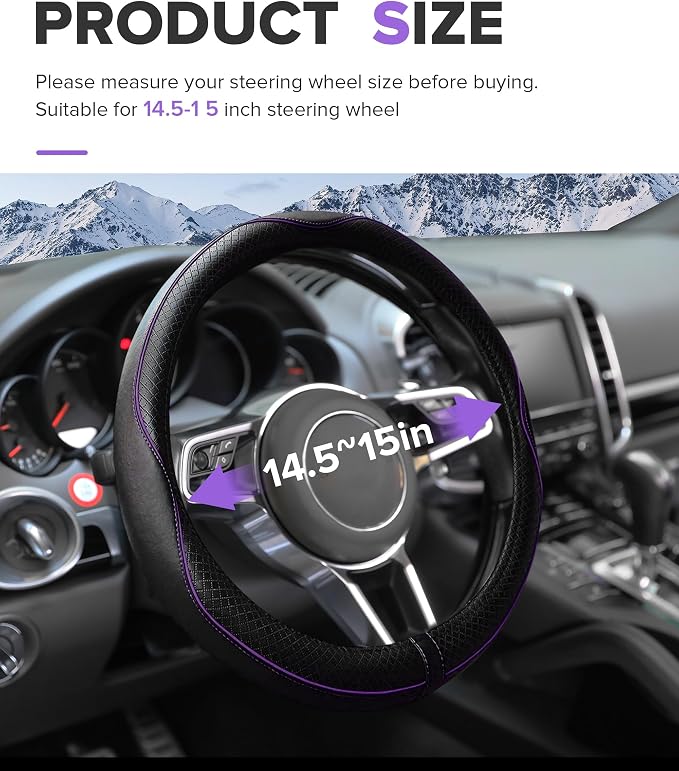 Steering Wheel Cover,Car Accessories,Microfiber Leather Car Steering Wheel Covers,Universal 15 Inch Anti-Slip Breathable Auto Interior Decor Protector,Suitable for Most Cars (Black&Purple)
