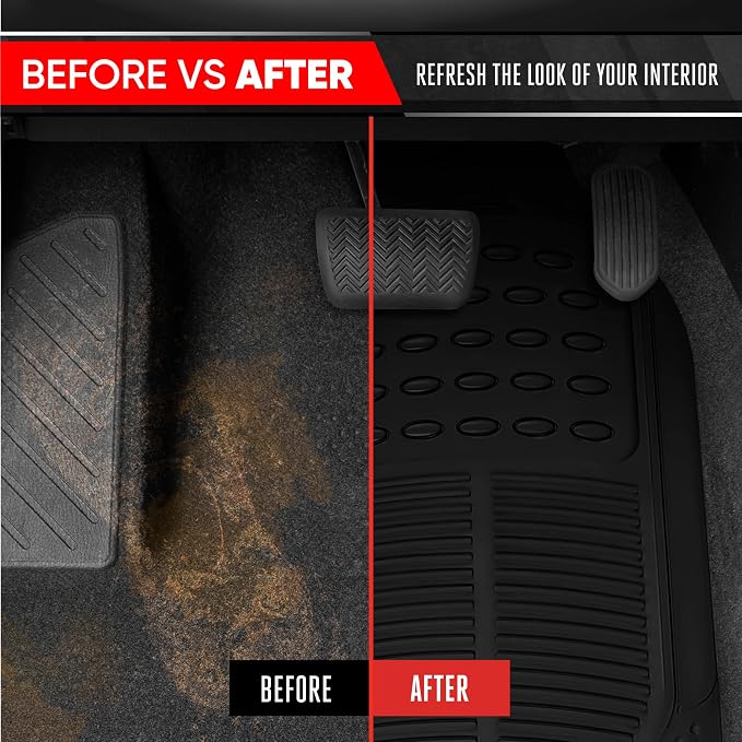 Proliner All Weather Rubber Auto Floor Mats and Trunk Cargo Liner - Front & Rear Heavy Duty Set Fit for Car SUV Van and Truck, Black, 4 Pieces (Trim to Fit)