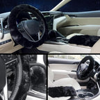 Furry Car Steering Wheel Cover with Fluffy Gear Shift Cover and Center Console Cover, Soft Warm Plush Non-Slip, 14 1/2-15 inch, for Women Girls 3 PCS Set, Black