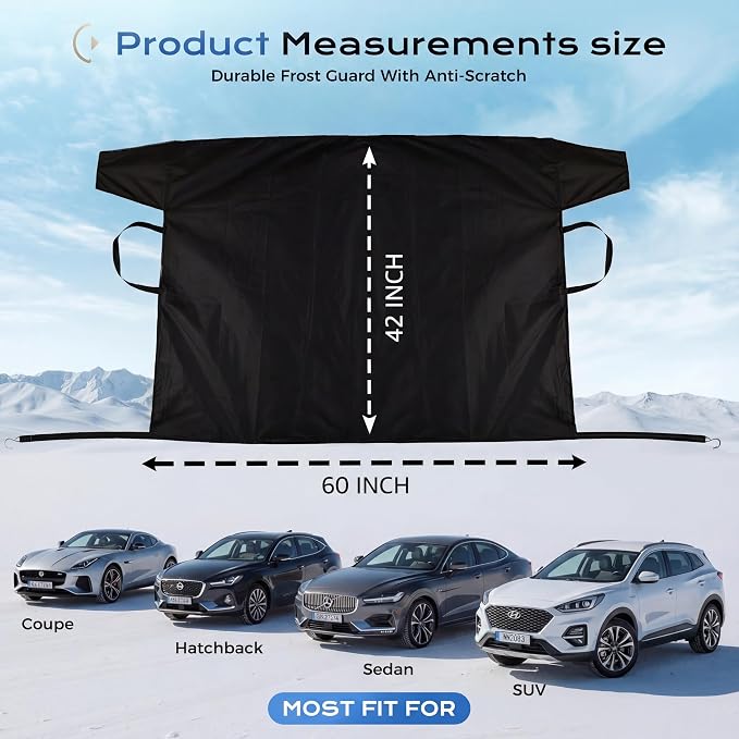 Car Windshield Cover for Ice and Snow, Heavy Duty Russian Fabric Snow Cover with Anti-Frost Protection, Side Panels & Straps, Fits Cars, SUVs & Trucks for Winter Protection- 60' x42''