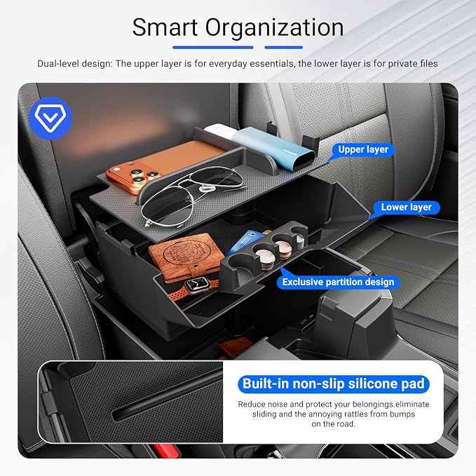 Center Console Organizer Compatible with 2022-2026 Chevy Silverado GMC Sierra 1500 24-26 2500 3500 Armrest Storage Organizer Tray Replacement for 2022-2026 Chevy Silverado Accessories