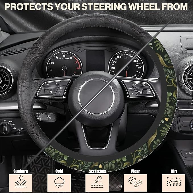 Tropical Flowers Steering Wheel Cover,Berries and Leaves Elastic Non-Slip Steering Wheel Protector,Auto Interior Decor for Women Girls,Universal 15" Fit for Sedans,Trucks