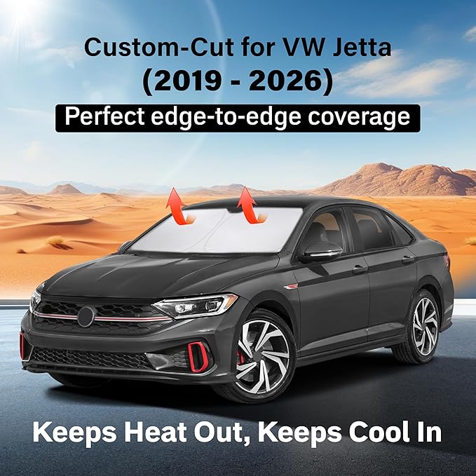 Windshield Sunshade Compatible for Volkswagen VW Jetta 2019-2024 2025 2026, Sun Visor for Front Windshield & Window Sun Shade Cover, UV Heat Blocker & Protector, Car Accessories