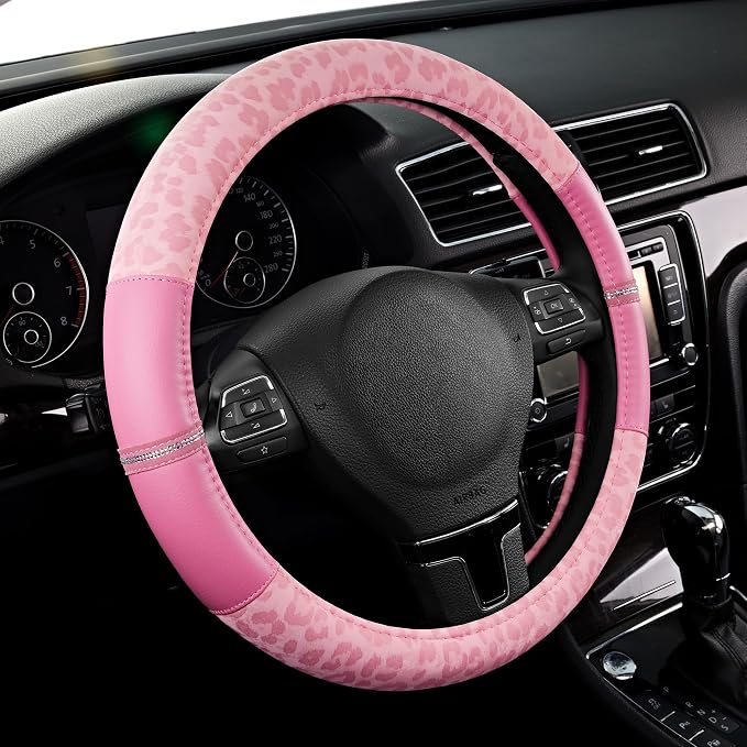Leopard Steering Wheel Cover for Women, Cute Anti-Slip Microfiber Leather, Universal Fit 14.5-15 Inch Round Steering Wheel - Full Pink