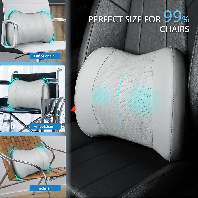 Lumbar Support Pillow for Car, Car Seat Back Support for Driving | Memory Foam Car Lumbar Support for Driving Seat, Car Back Cushion, Adjustable Straps, Lower Back Pillow, PU Leather, Gray