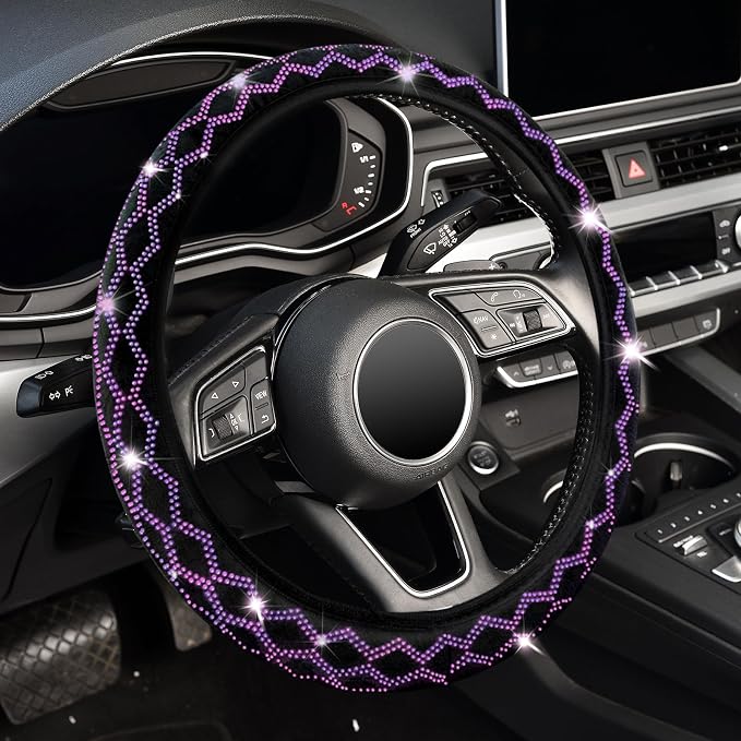 Bling Rhinestone Steering Wheel Cover with Crystal Diamond for Women, Sparkling Car Wheel Protector Universal Fit 15 Inch (Black with Purple Diamond, Standard Size(14"" 1/2-15"" 1/4))