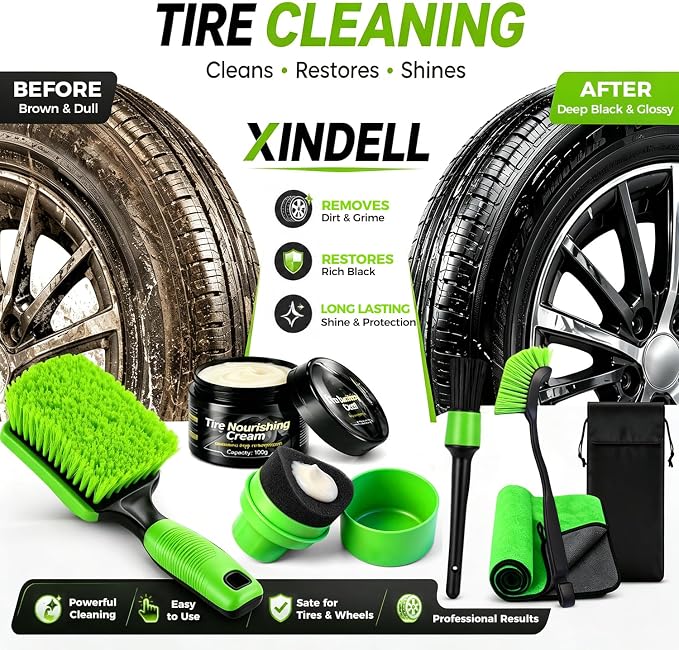 XINDELL Wheel & Tire Cleaning Kit, Deep-Reach Wheel Brush Set for Rims, Spokes, Lug Nuts and Tire Sidewalls, Scratch-Safe Car Detailing Tools with Covered Tire Shine Applicator | Not Just a Brush — A Complete Tire & Wheel Care System