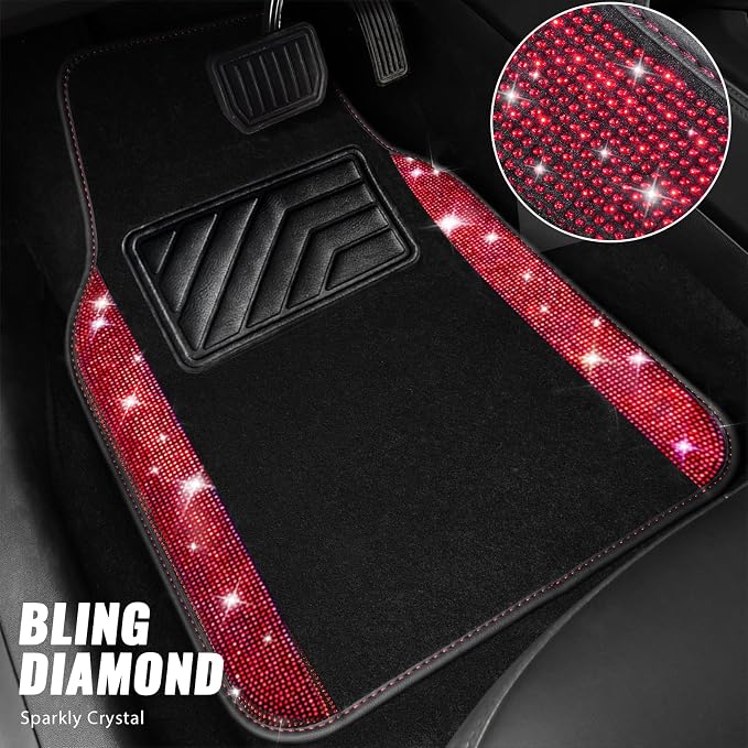 Bling Diamond Leather Steering Wheel Cover 14.5in-15in Floor Mats Shining Rhinestone Carpet Sparkly Glitter Crystal Anti-Slip Pad Fit Automotive SUV Pickup Truck Girl Women, 5pcs Black Red