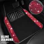 Bling Diamond Leather Steering Wheel Cover 14.5in-15in Floor Mats Shining Rhinestone Carpet Sparkly Glitter Crystal Anti-Slip Pad Fit Automotive SUV Pickup Truck Girl Women, 5pcs Black Red