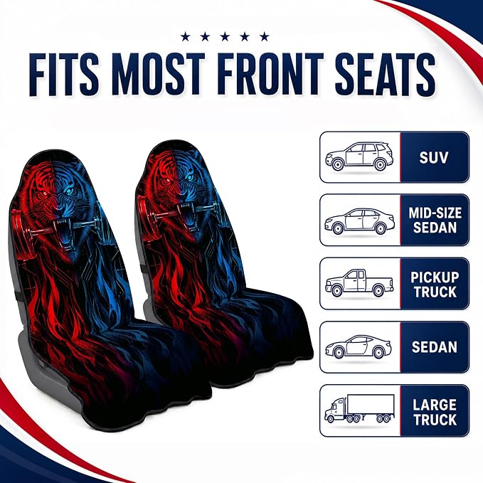 Car Seat Towel Cover 2 Pack for Front Seats, Sweat Absorbent Car Seat Protector with Non-Slip Backing, Waterproof Towel Car Seat Covers for Runners, Gym, Swimming, Beach, Pets, Tiger Strength