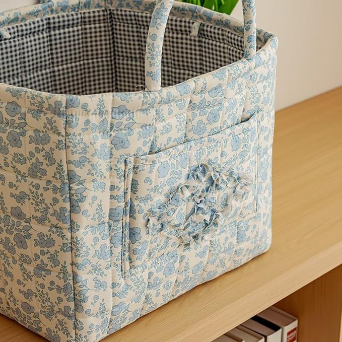 Floral Fabric Storage Basket Car Interior Storage Basket Underwear Sundries Laundry Baskets Supplies Home Organizer Bag (Blue floral A)