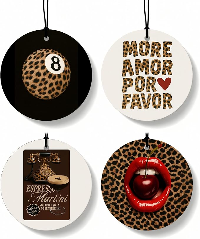 Leopard Print 8 Ball Orange Car Air Freshener 4 Pcs, Funky Cheetah Cherry Lip Round Hanging Air Freshener for Cars Closet Drawer Books, Girly Y2k Car Accessories Mirror Decor for Women