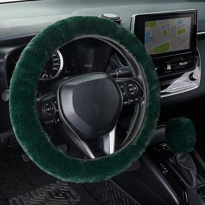 Furry Car Steering Wheel Cover with Gear Shift Cover, Soft and Warm, Cute Fluffy Auto Decor for Women Men, Standard Size, 2 PCS Set, Dark Green