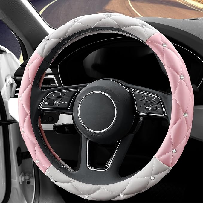 Cute Diamond Soft Leather Steering Wheel Cover with Bling Bling Crystal Rhinestones, Universal 15 Inch for Women Girls, Fit Vehicles, Sedans, SUVs, Vans, Trucks - Light Pink and White