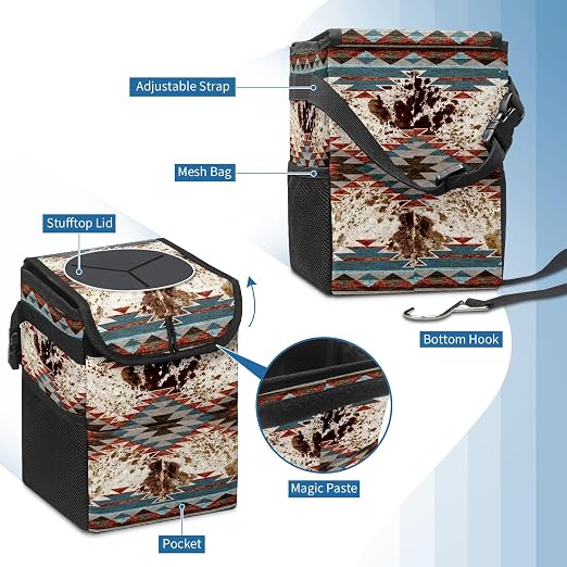 Car Trash Can with Lid Western Aztec Cow Print Collapsible Reusable Leak-Proof Auto Garage Bag,Hanging Vehicle Car Accessories Interior Car Organizer