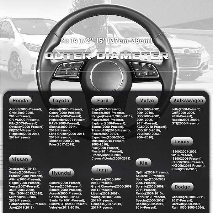 Steering Wheel Cover for 14.5-15 inch Wheels, Breathable PU Leather with Perforated Sides, Anti-Slip Grip, Universal Fit for Cars & SUVs, Black