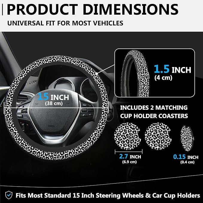 Black and White Leopard Print Steering Wheel Cover for Women, Anti-Slip Car Steering Wheel Cover with 2 Pcs Cup Holders Neoprene Breathable Car Accessories Universal 15 Inch Auto Interior Decor