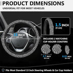Black and White Leopard Print Steering Wheel Cover for Women, Anti-Slip Car Steering Wheel Cover with 2 Pcs Cup Holders Neoprene Breathable Car Accessories Universal 15 Inch Auto Interior Decor