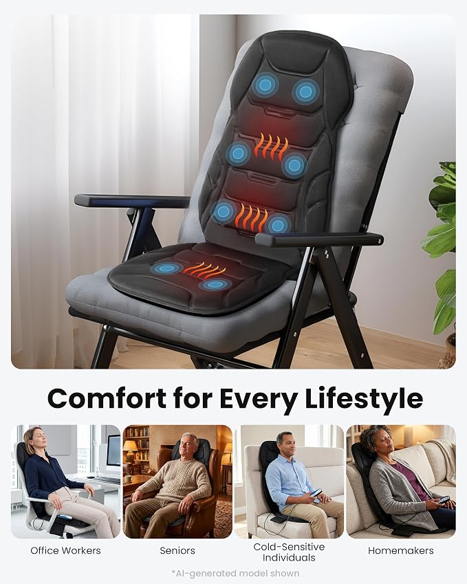 Back Massager with Heat, Vibration Massage Seat Cushion with 8 Massage Nodes & 5 Modes, Adjustable Chair Massager Pad for Home Office, Heated Chair Pad, Gifts for Women Men Mom Dad