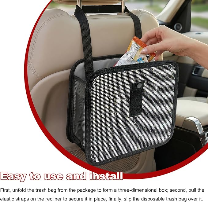 Bling Car Trash Can with Rhinestone, Sparkling Foldable Auto Garbage Container Hanging Back Seat Organizer, Crystal Dustbin Leakproof Garbage Can for Vehicle Home Office (Colorful)