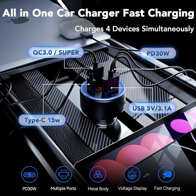 Car Charger USB C Fast Charge, 4 Port 78W Metal Car Phone Charger with Voltmeter, 2 USB-C & 2 USB-A Cigarette Lighter USB Charger Adapter for iPhone 17 16 15 Pro Max, Galaxy S26 S25, iPad
