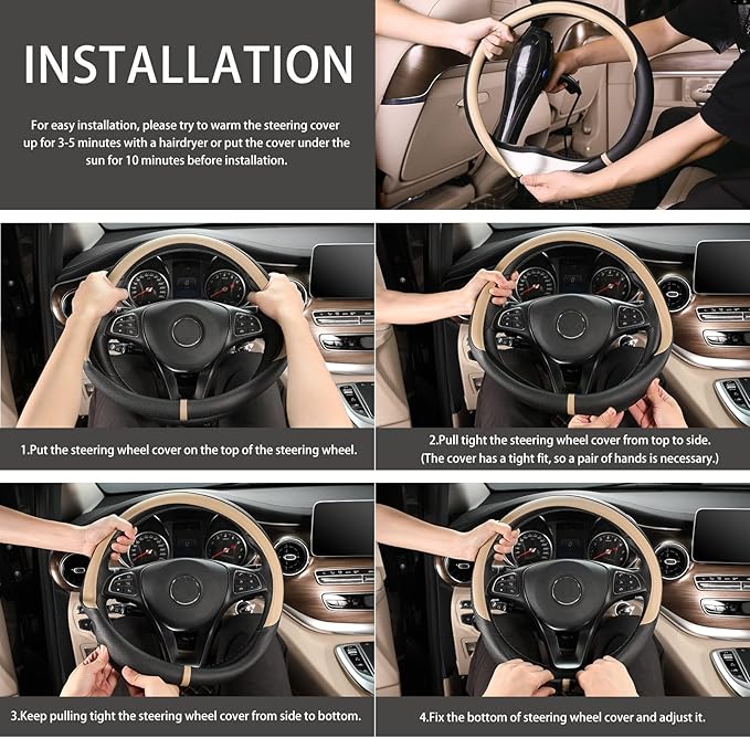 Breathable Car Steering Wheel Cover 16 inch Auto Universal Leather Wrap Non-Slip Steeringwheel Protector Automotive Interior Accessories, Beige (Suit for 15 1/2-16 inch)