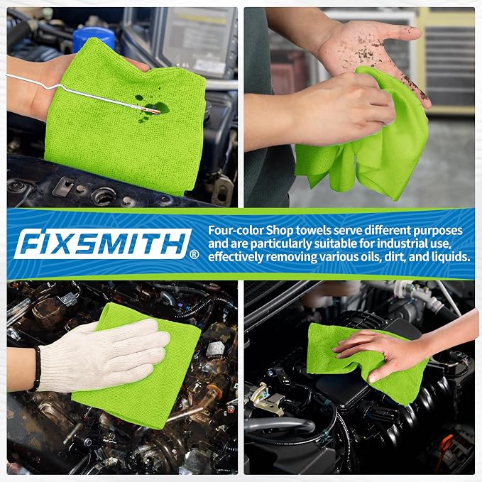 Microfiber Cleaning Cloth, Shop Towels Bulk, 24 Pack Green Microfiber Towels for Cars, All-Purpose Absorbent Cleaning Rags, Dust Cloth for Automotive, Mechanic, Garage, Bar, 12 x 11 inch