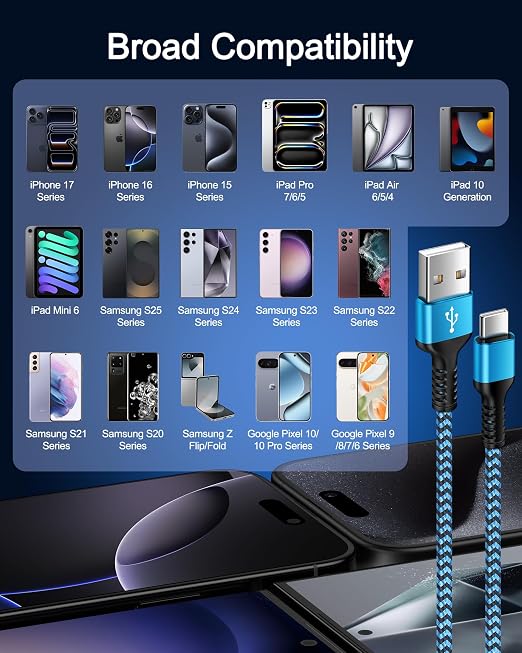 USB to USB C Cable Type C iPhone 17 Charger Cable Braided Car Charger Cord | for Apple 17e Air 17 Pro Max 16e 16 Pro 15 Plus 6ft USBC Fast Charging Power Cord Wire for iPad/Samsung Galaxy/Pixel/PS5/Xbox