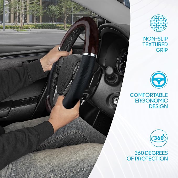 Dark Wood Grain Car Steering Wheel Cover, Standard 15 inch with Black Faux Leather Grip, Made to Fit Most Auto Truck Van SUV