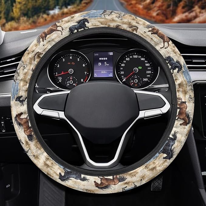 Car Steering Wheel Covers White Sweat Absorption Comfort Grip, Horse Painting Universal 14-15 inch Stretch-on Fabric Keep Warm Steering Wheel Protector for Women