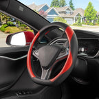 D Shaped Steering Wheel Cover, Flat Bottom Car Wheel Cover 14 1/2-15 in. (37-39 cm), Black and Red Microfiber Leather