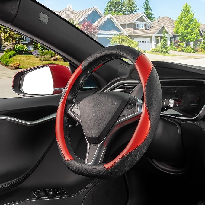 D Shaped Steering Wheel Cover, Flat Bottom Car Wheel Cover 14 1/2-15 in. (37-39 cm), Black and Red Microfiber Leather