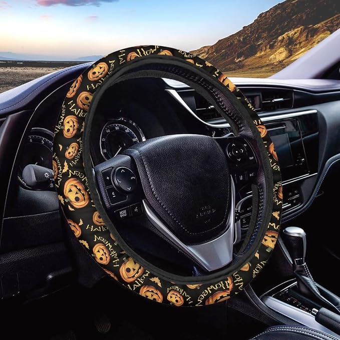 Pumpkin Pattern Car Steering Wheel Cover Soft Sweat Absorbing Non-Slip Steering Wheel Covers 15 inch Universal Fit Alomost Cars SUVs Truck Halloween Car Interior Decoration