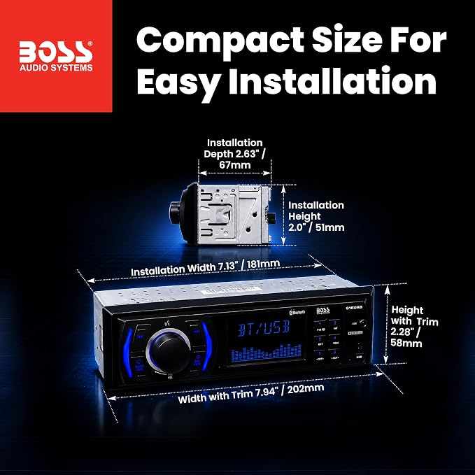 616UAB Car Stereo With Bluetooth - Single DIN, MP3, USB, Aux-in, AM/FM, No CD DVD Player