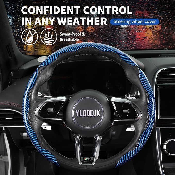 Universal Steering Wheel Cover,Carbon Fiber,3pcs Set(blue) | Clip-On Segmented Fit;Carbon Fiber Look;Fits Most 14-16 in Round or D-Shaped Wheels;Easy Wipe Clean;Non Slip;4 Colors