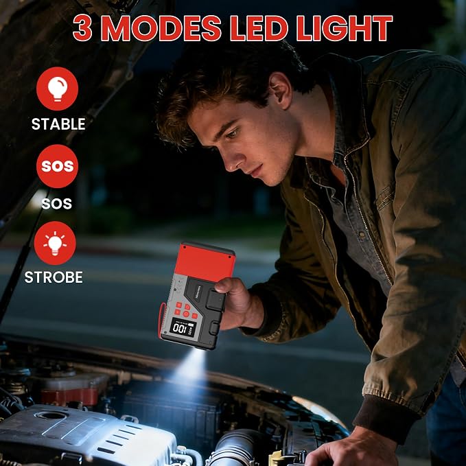 Portable Car Jump Starter with Air Compressor for Emergencies, | 3000A Peak and 150 PSI Max,for 12L Gas & 10L Diesel Engines,LCD Display,LED Light