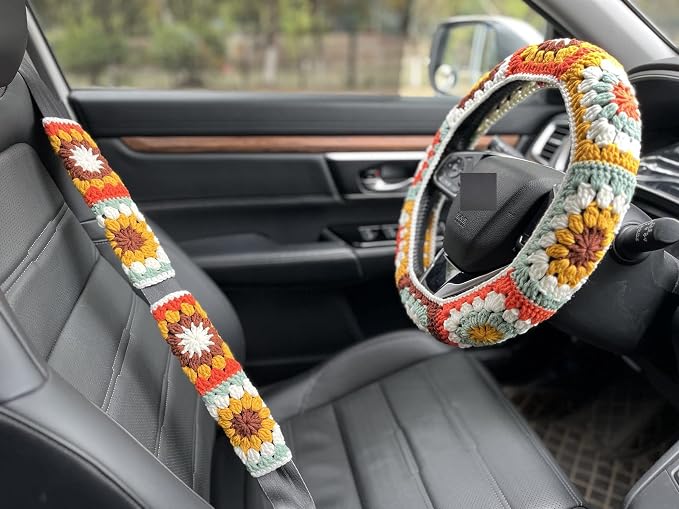 Steering Wheel Cover,Handmade Crochet Rainbow Sunflower Granny Square Steering Wheel Covers (Steering Wheel Cover+2 Belt Cover)
