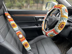 Steering Wheel Cover,Handmade Crochet Rainbow Sunflower Granny Square Steering Wheel Covers (Steering Wheel Cover+2 Belt Cover)