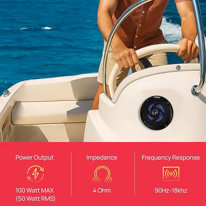 Pyle Waterproof Rated Marine Speakers - 4'' 2 Way Off-Road Vehicles & Weather Resistant Outdoor Audio Stereo Sound System w/ LED Lights, 100W Power, & Low Profile Slim Style, Pair, Black