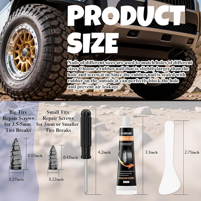 70 PCS Tire Repair Rubber Nails, 10mL Repair Glue, Vacuum Tires, Flat tire Repair Fast Plug Tool Kits, Self-Service Car Puncture Repair Screws with Screwdriver, Set for Car, Motorcycle, Jeep, Bike.