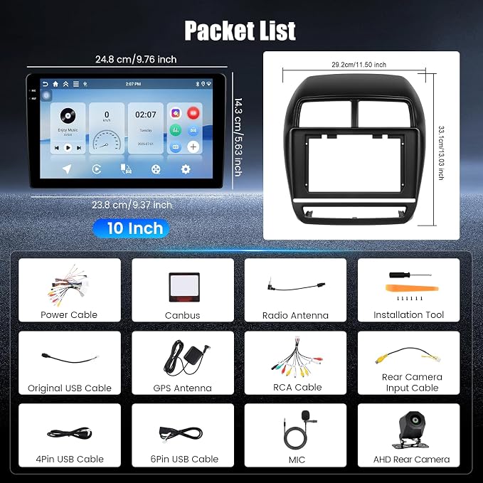 4+128G Android 15 Car Stereo for Mitsubishi ASX RVR Outlander Sport 2019-2021 10” Incell Touchscreen Wireless CarPlay Android Auto Car Radio FM RDS BT GPS Navigation WiFi + AHD Backup Camera