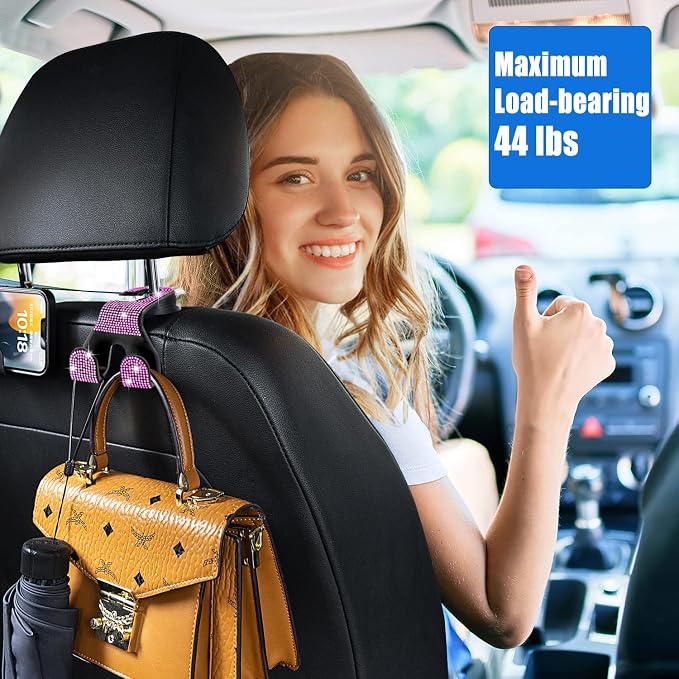 Bling Car Purse Hooks 2Pcs, Durable Car Headrest Hook, Holds 44Lbs, Double-Hooks, Wide-Opening, Rhinestone Automobile Purse Hangers Holder, Bling Car Accessories for Women, Pink