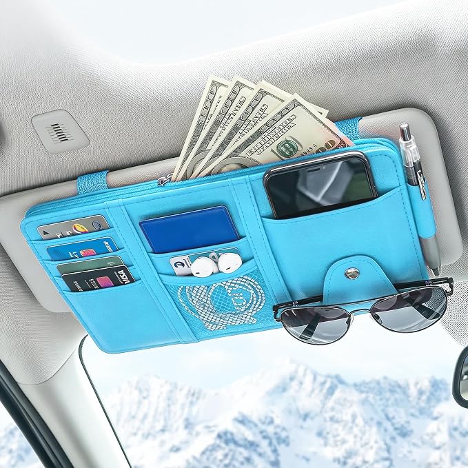 Car Sun Visor Organizer, Truck Visor Organizer, Leather Multi-Pocket Auto Visor Storage Pocket Pouch Holder with Zipper, Auto Accessories Storage Bag for Driving License Card Pen (Sky Blue)