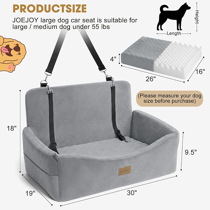 Dog Car Seat for Large Medium Sized Dogs Under 55 lbs, Dog Booster Seat for 2 Small Dogs with Detachable Washable Cover, Memory Foam Pet Car Seat with 2 Safety Belts and Storage Pockets